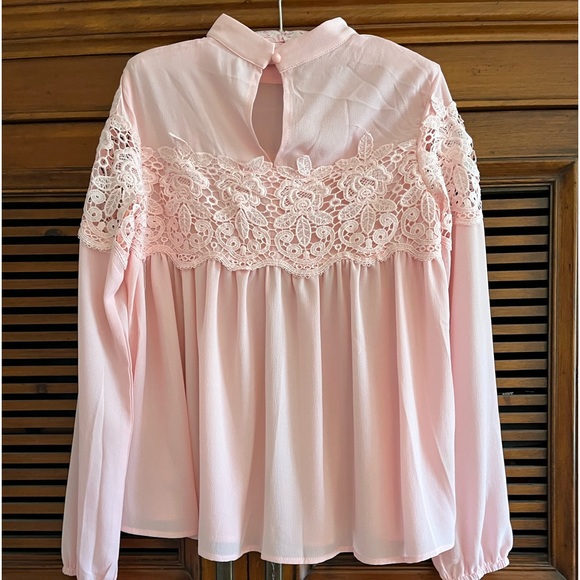 EXPRESS LIGHT PINK CHIFFON LACE BABY DOLL TOP SIZE MEDIUM - Picture 3 of 7